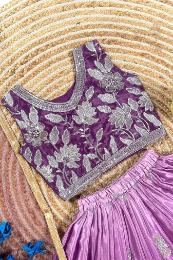 purple silk blend kids lehenga choli with sequins embroidery