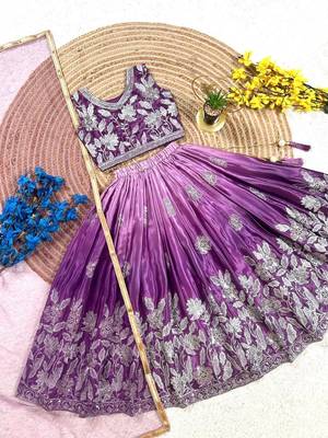 purple silk blend kids lehenga choli with sequins embroidery 4