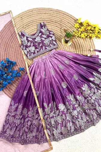 purple silk blend kids lehenga choli with sequins embroidery