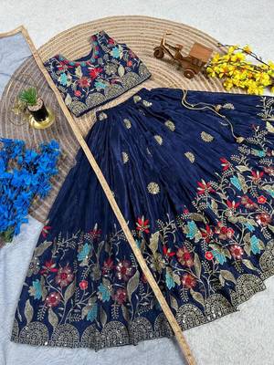 blue silk blend kids lehenga choli with sequins embroidery 2