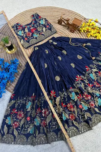 blue silk blend kids lehenga choli with sequins embroidery