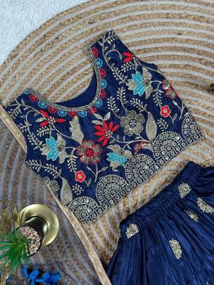 blue silk blend kids lehenga choli with sequins embroidery 3