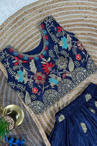 blue silk blend kids lehenga choli with sequins embroidery