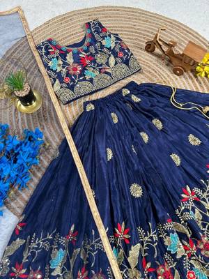 blue silk blend kids lehenga choli with sequins embroidery 4