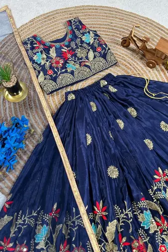 blue silk blend kids lehenga choli with sequins embroidery
