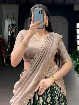 green silk kalamkari half saree lehenga set with printed border 6
