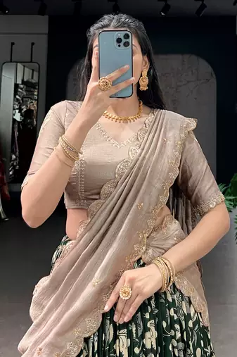 green silk kalamkari half saree lehenga set with printed border