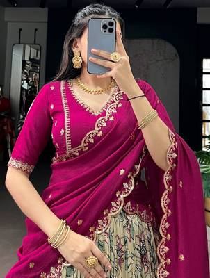cream kalamkari printed silk half saree lehenga 6