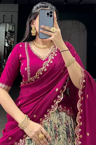 cream kalamkari printed silk half saree lehenga