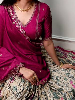 cream kalamkari printed silk half saree lehenga 7