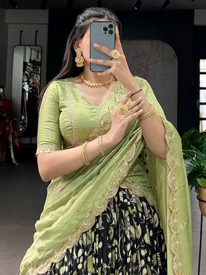 black kalamkari printed tussar silk half saree lehenga 6