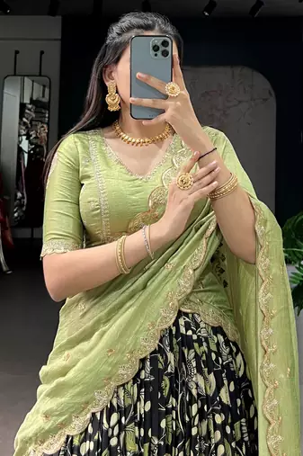 black kalamkari printed tussar silk half saree lehenga