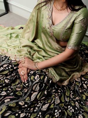 black kalamkari printed tussar silk half saree lehenga 7