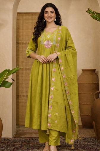  parrot green heay roman silk with embroidery work embroidery  kurta set