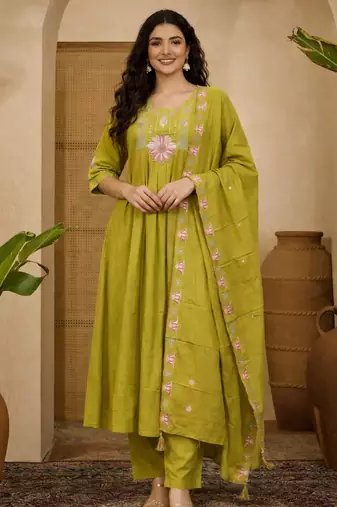  parrot green heay roman silk with embroidery work embroidery  kurta set