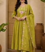  parrot green heay roman silk with embroidery work embroidery  kurta set