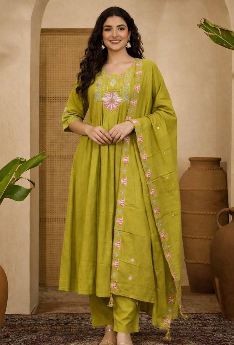  parrot green heay roman silk with embroidery work embroidery  kurta set