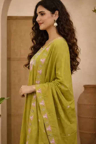 parrot green silk blend kurta set with thread embroidery