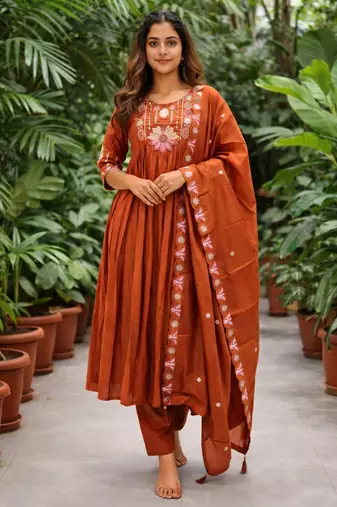  orange heay roman silk with embroidery work embroidery  kurta set