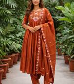  orange heay roman silk with embroidery work embroidery  kurta set