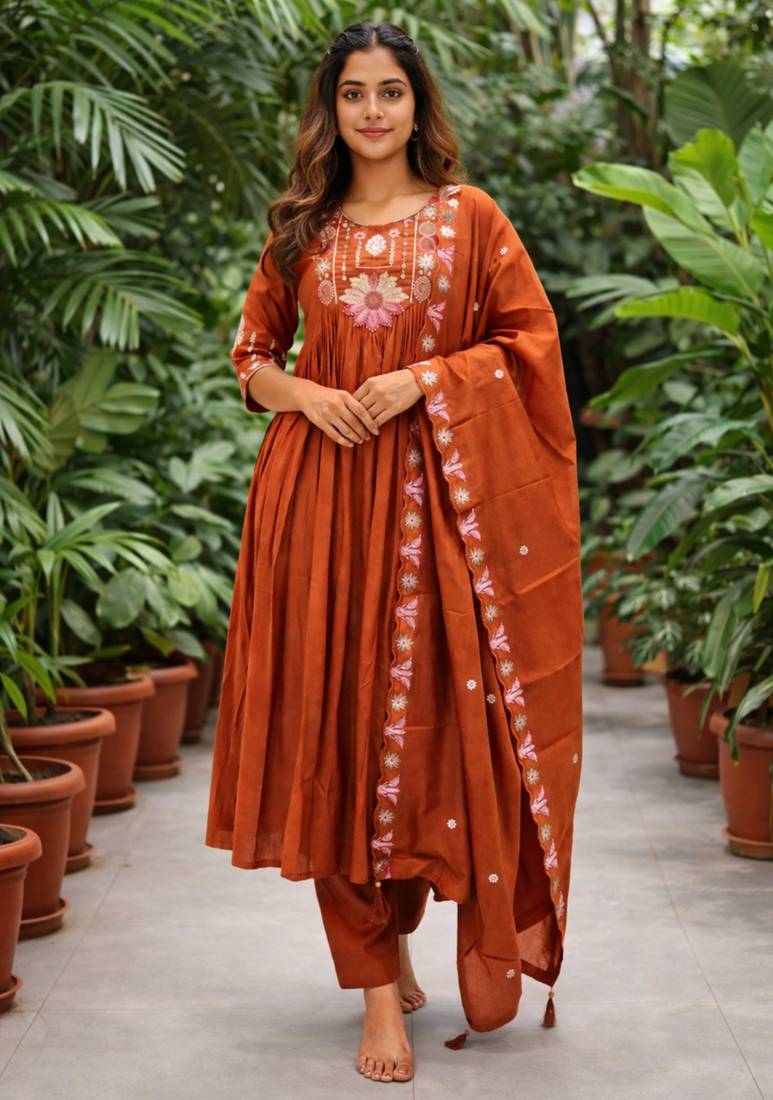  orange heay roman silk with embroidery work embroidery  kurta set