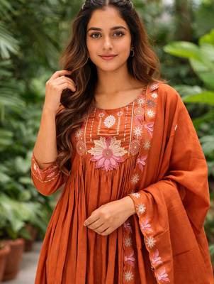 orange silk blend kurta set with thread embroidery 2