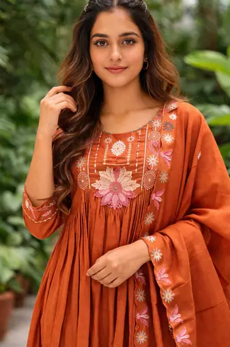 orange silk blend kurta set with thread embroidery