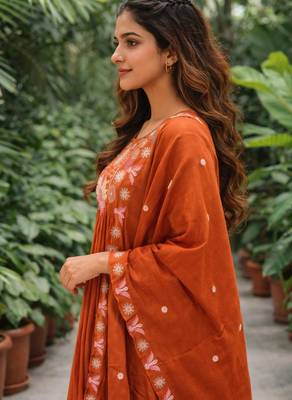 orange silk blend kurta set with thread embroidery 3