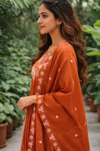 orange silk blend kurta set with thread embroidery