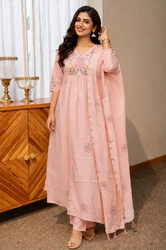  light pink  heay roman silk with embroidery work embroidery  kurta set