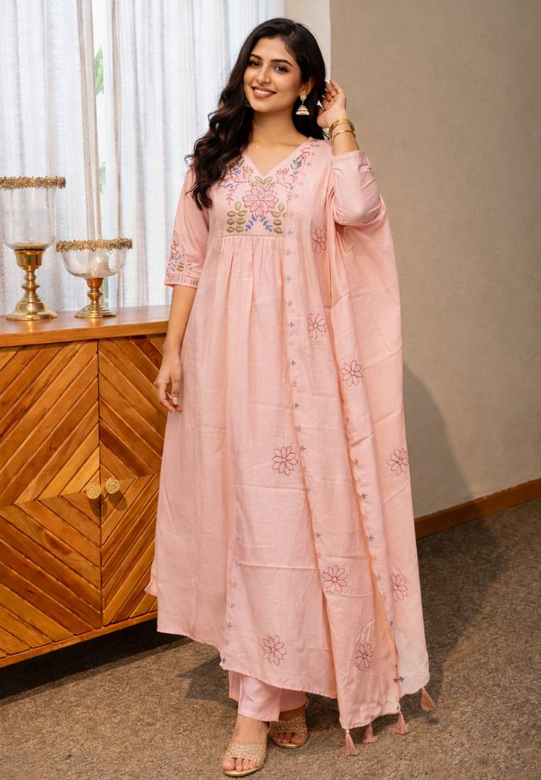  light pink  heay roman silk with embroidery work embroidery  kurta set