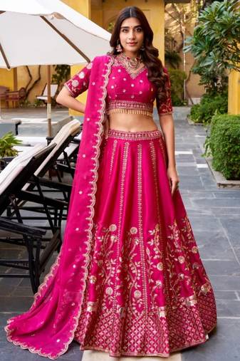 Deep Pink Satin Georgette Zari Sequence Embroidery Work Lehenga Choli