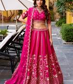 Deep Pink Satin Georgette Zari Sequence Embroidery Work Lehenga Choli