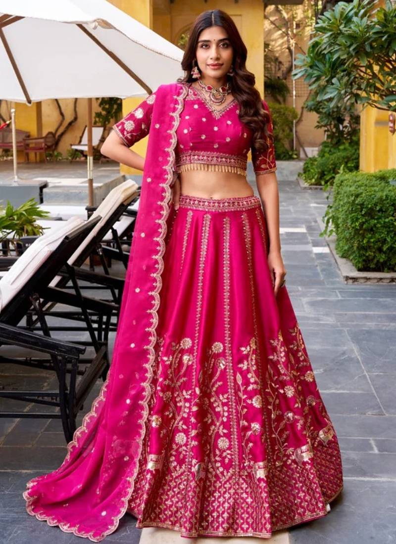 Deep Pink Satin Georgette Zari Sequence Embroidery Work Lehenga Choli