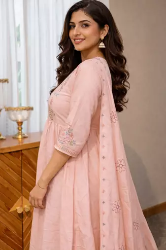 light pink silk kurta set with embroidered thread work