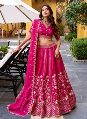 dark pink satin lehenga choli with zari embroidery 2