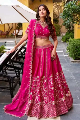 dark pink satin lehenga choli with zari embroidery