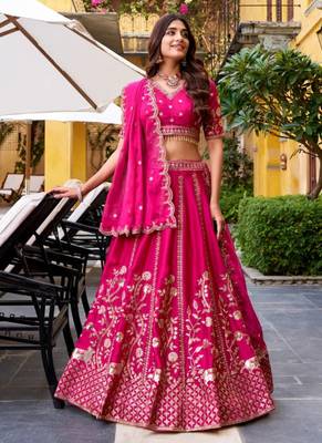 dark pink satin lehenga choli with zari embroidery 3
