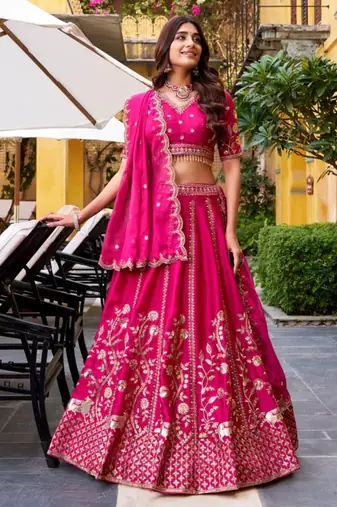 dark pink satin lehenga choli with zari embroidery