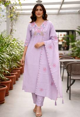 purple silk kurta set with thread embroidery design 1