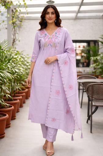  purple heay roman silk with embroidery work embroidery  kurta set