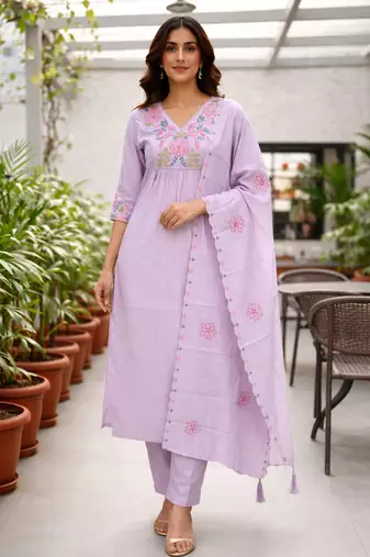  purple heay roman silk with embroidery work embroidery  kurta set