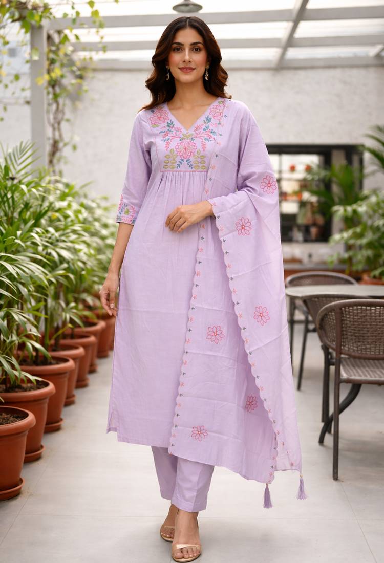  purple heay roman silk with embroidery work embroidery  kurta set