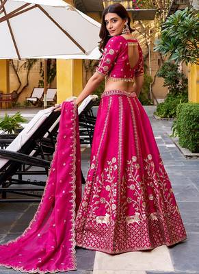 dark pink satin lehenga choli with zari embroidery 4