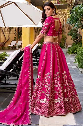 dark pink satin lehenga choli with zari embroidery