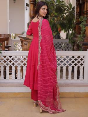 rani pink chanderi anarkali suit with beads zari work 4