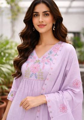 purple silk kurta set with thread embroidery design 2