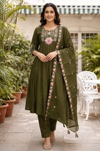  mehndi green heay roman silk with embroidery work embroidery  kurta set