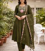  mehndi green heay roman silk with embroidery work embroidery  kurta set