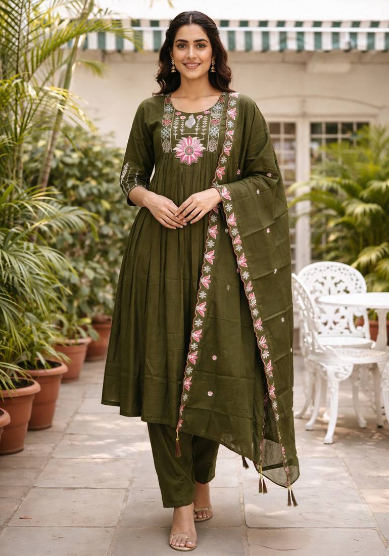  mehndi green heay roman silk with embroidery work embroidery  kurta set